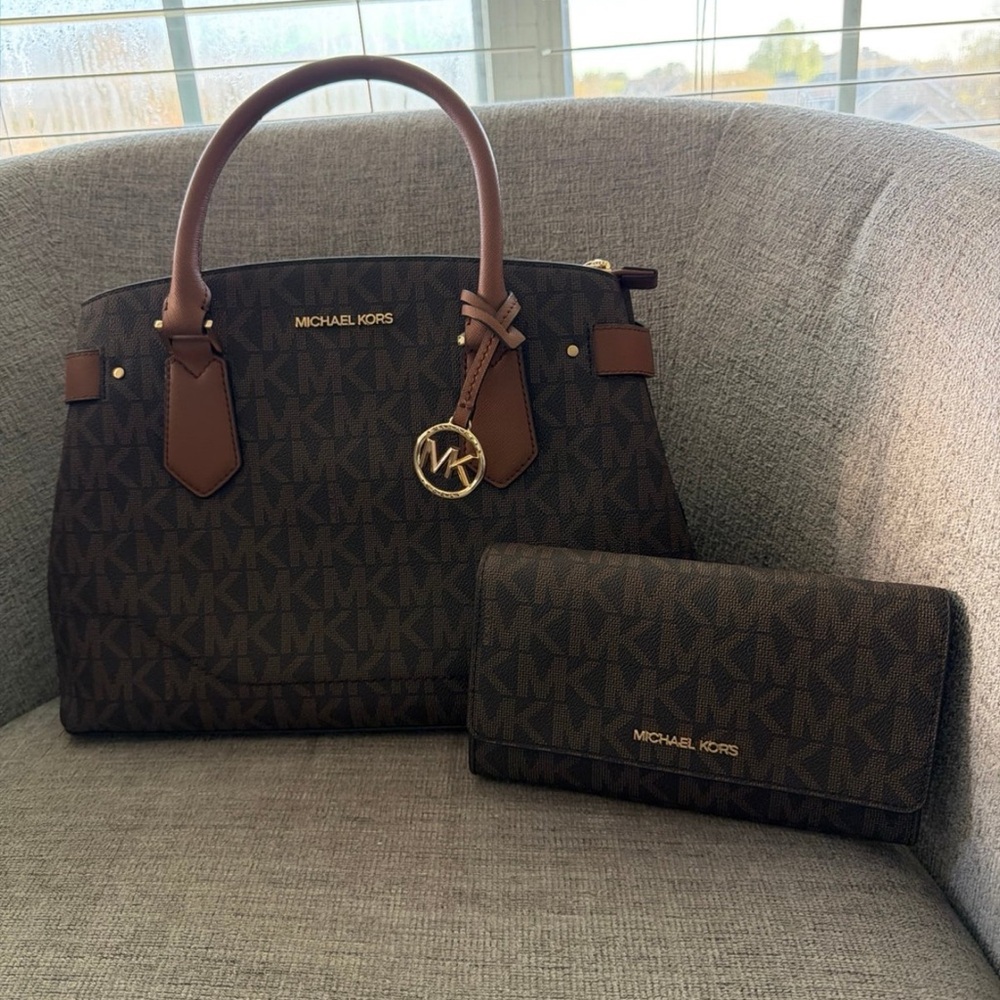 Michael Kors Brown MK Logo Satchel with Gold Accent and matching wallet